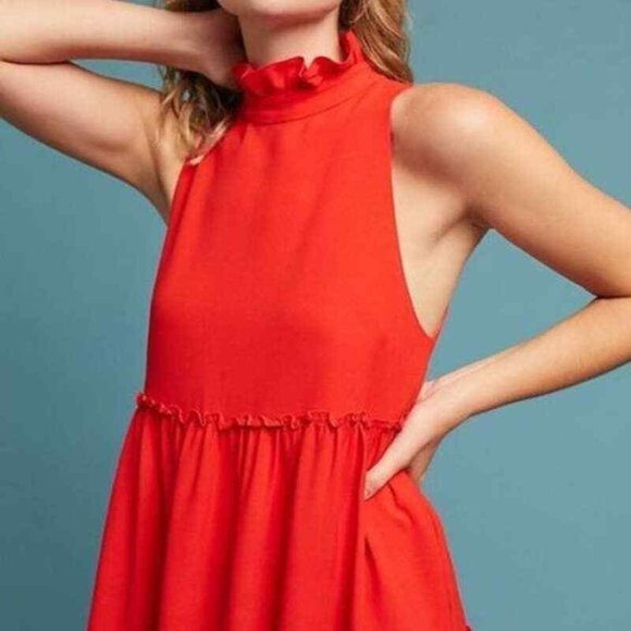 Anthropologie Elliatt Sonnet Red Ruffled Trapeze Ruffle Swing Dress Mock Neck, S - Picture 2 of 11